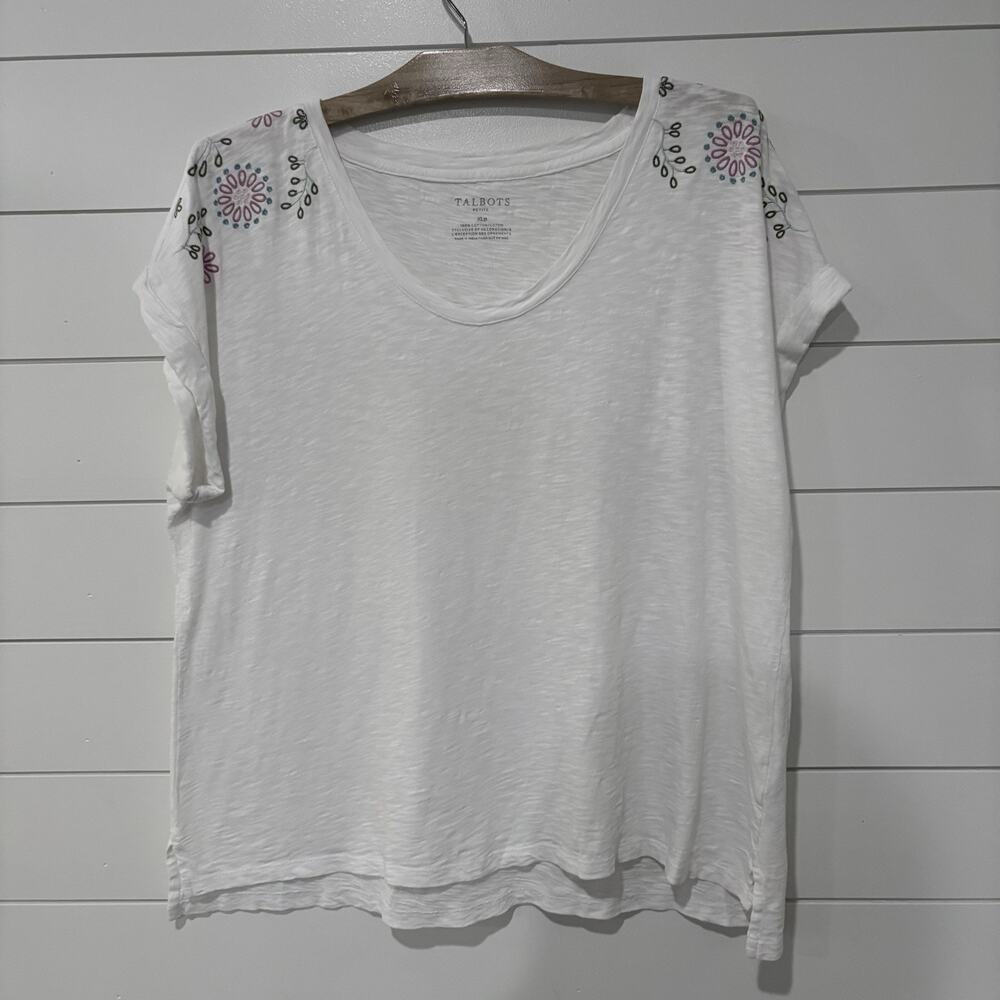Talbots | T Shirt Top White Embroidered Flowers Short Sleeve Cotton- XL Petite